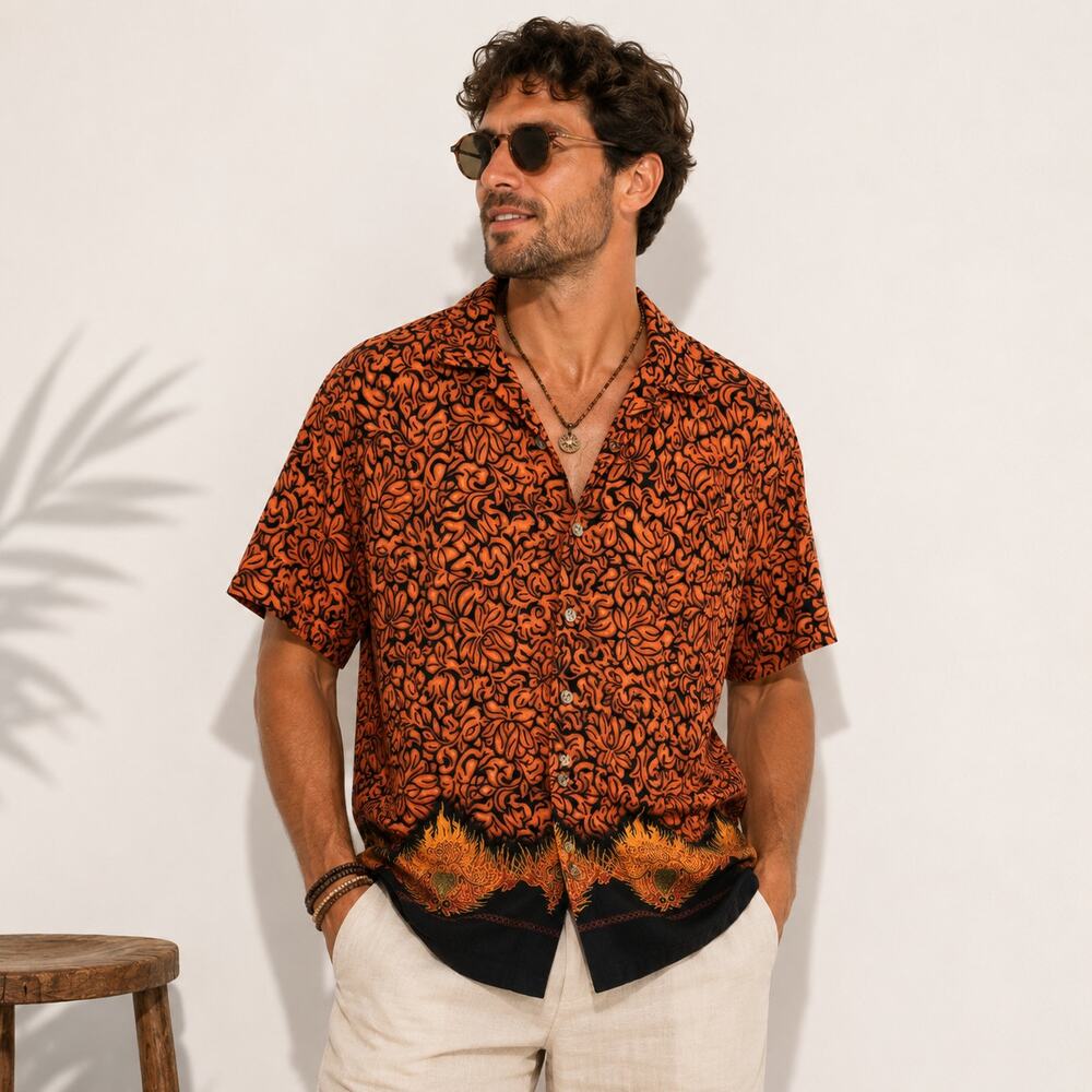 Icon Sports USA Rayon Button-Up Shirt Men's Size XL Orange Floral Y2K Artsy Boho